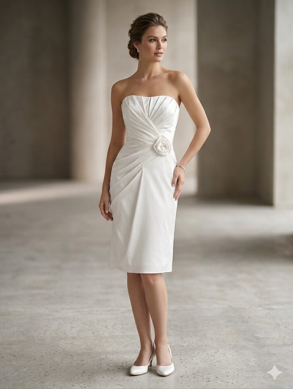 Bisou Bisou White Strapless Satin Ruched Cocktail Dress with Rosette